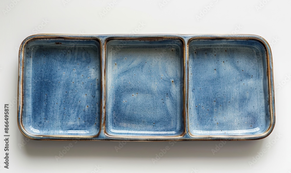 Ceramic light blue trays on white background; Top view empty rectangular trays for display and posing products. Ceramic light blue trays on white background; Top view empty rectangular trays for display and posing products.