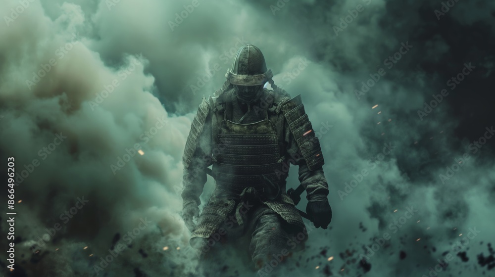 Samurai Warrior Emerging from Smoke in Dramatic Scene Samurai Warrior Emerging from Smoke in Dramatic Scene