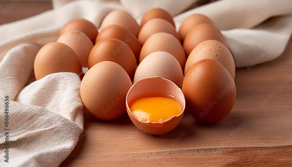 Raw eggs with one cracked open showing yolk and white, linen napkin, recipes and nutrition concepts. Raw eggs with one cracked open showing yolk and white, linen napkin, recipes and nutrition concepts.