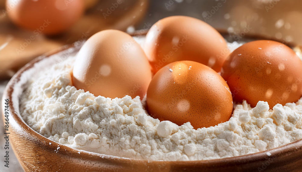 Several eggs nestled in a bowl of flour, baking and recipe preparation. Several eggs nestled in a bowl of flour, baking and recipe preparation.
