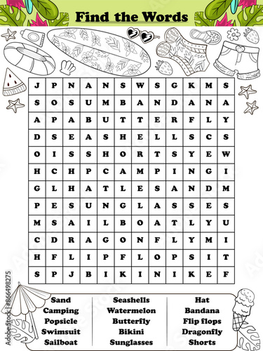 Word sarch and coloring page activity for vacation with surfboard