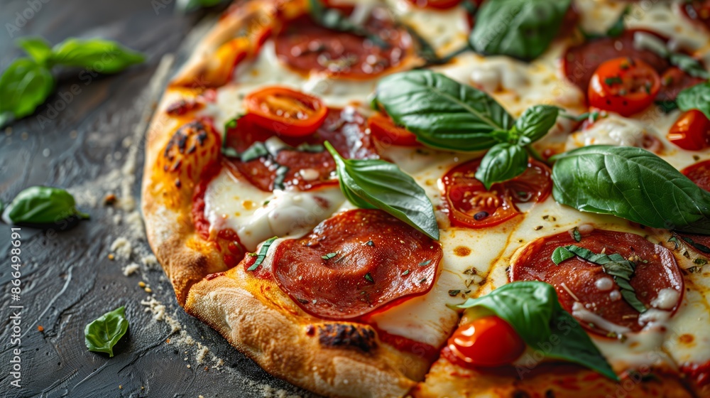 Close-Up of Freshly Baked Pepperoni Pizza with Mozzarella and Basil Close-Up of Freshly Baked Pepperoni Pizza with Mozzarella and Basil