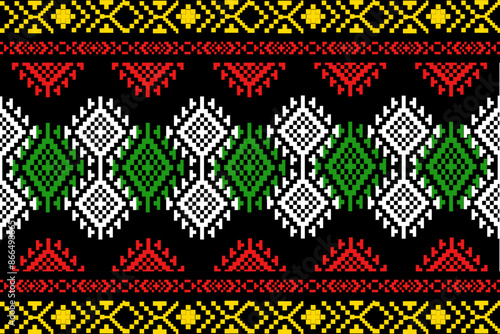 Geometric, seamless, traditional ethnic, Thai pattern, fabric pattern for textiles, rugs, wallpaper, clothing, sarong, batik, wrapping, embroidery, print, background, cover, illustration, vector.