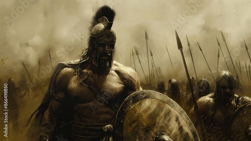 Ancient Spartan Warriors in Battle with Shields and Spears