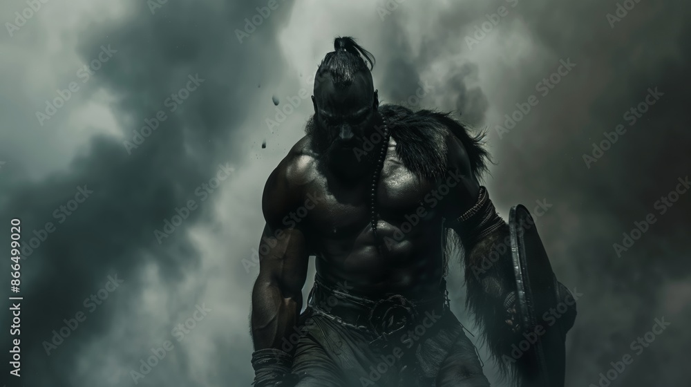 Muscular Spartan Warrior in Battle Armor Emerging from Smoke Muscular Spartan Warrior in Battle Armor Emerging from Smoke