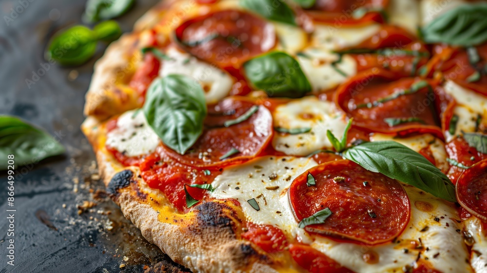 Close-Up of Freshly Baked Pepperoni Pizza with Mozzarella and Basil Close-Up of Freshly Baked Pepperoni Pizza with Mozzarella and Basil