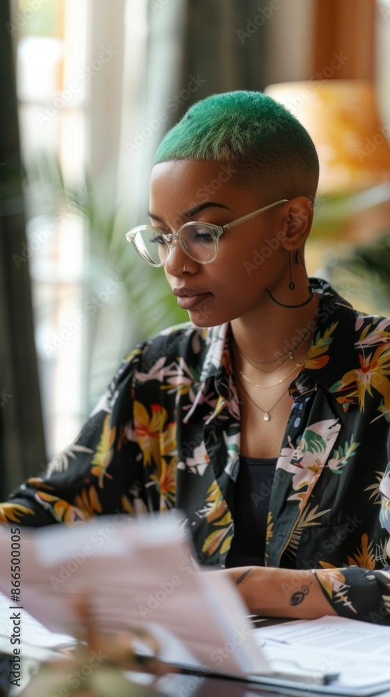A young African American woman with green hair and glasses is focused on paperwork in a cafe A young African American woman with green hair and glasses is focused on paperwork in a cafe