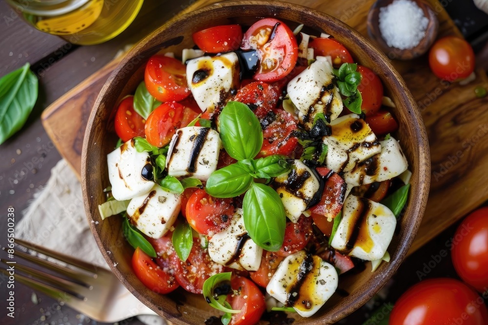 Fresh Caprese salad with mozzarella, tomato, basil, and balsamic glaze served in a wooden bowl on a rustic table.