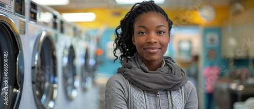 A woman stands confidently in a brightly lit laundromat, folding freshly cleaned clothes with care. She wears casual attire and a cheerful expression, surrounded by the bustling activity of the