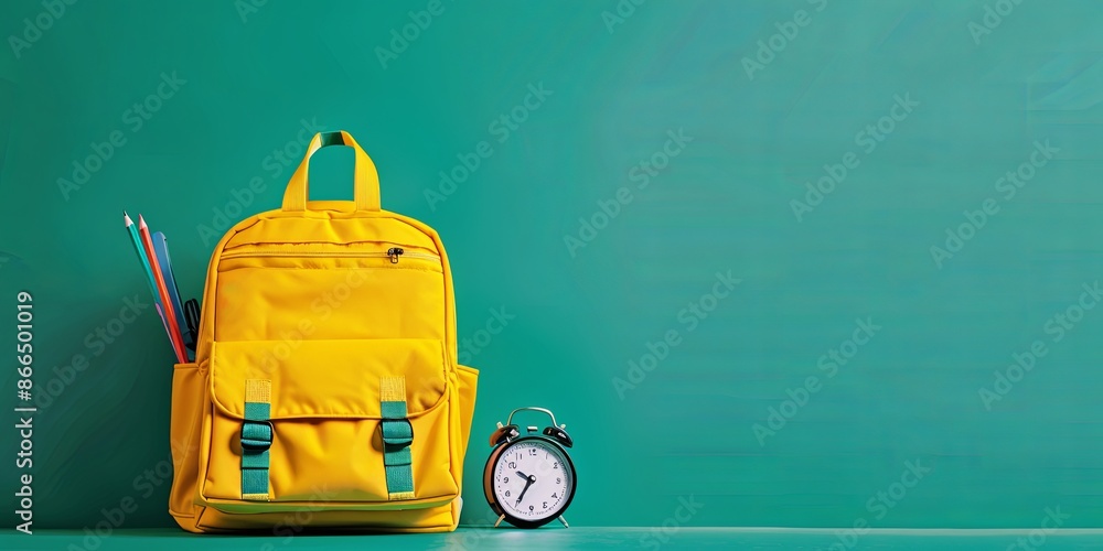 Yellow backpack, clock and pencil on a green background - back to school concept Yellow backpack, clock and pencil on a green background - back to school concept