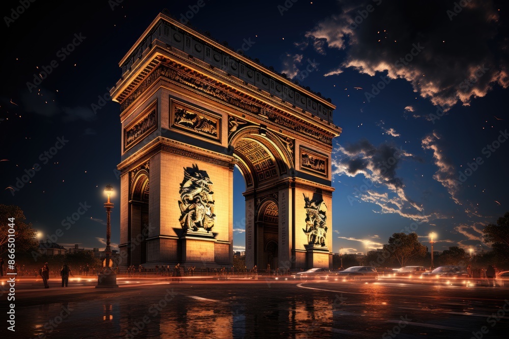 Paris, France, The Arch of Triumph, an imposing structure in Champs-élysées., generative IA Paris, France, The Arch of Triumph, an imposing structure in Champs-élysées., generative IA