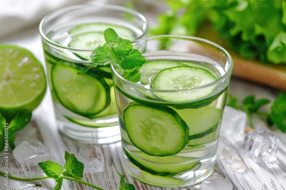 Two glasses of cucumber water with ice cubes and a few sprigs of mint Two glasses of cucumber water with ice cubes and a few sprigs of mint