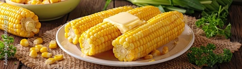 Delicious buttered corn on the cob served on a white plate, surrounded by fresh ingredients on a rustic kitchen table. photo