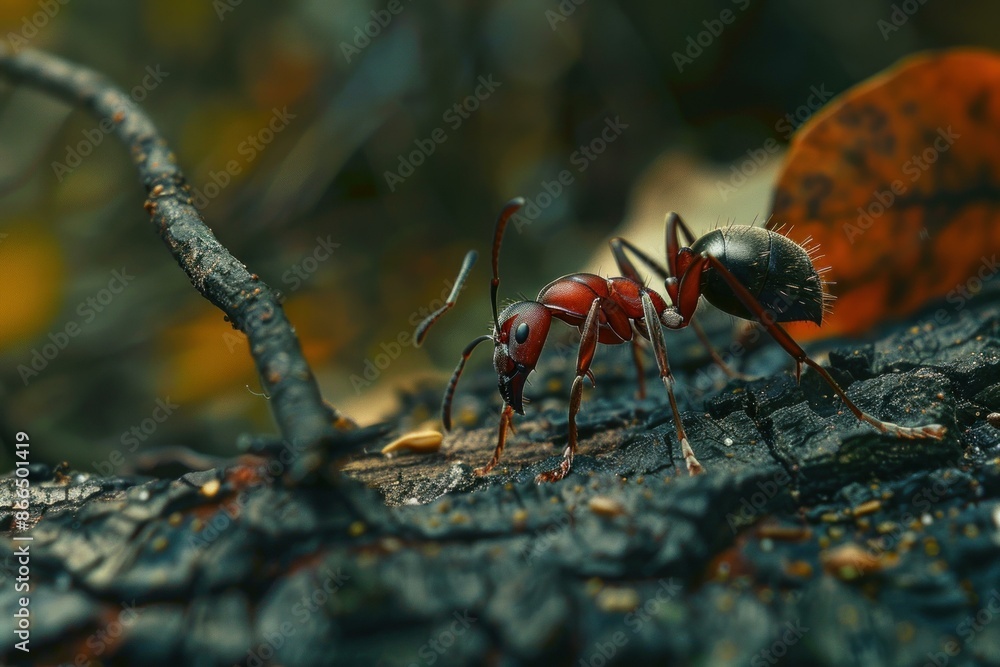 Closeup of a solitary ant exploring the textured terrain of a dark forest ground Closeup of a solitary ant exploring the textured terrain of a dark forest ground