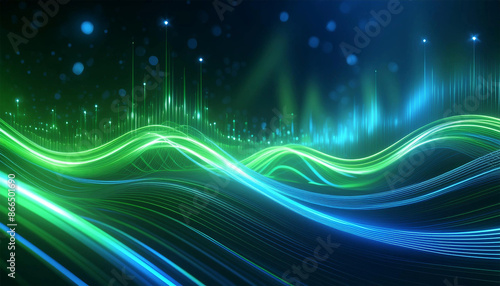 Abstract bokeh background with green and blue, sound waves, data transfer concept, illustration.