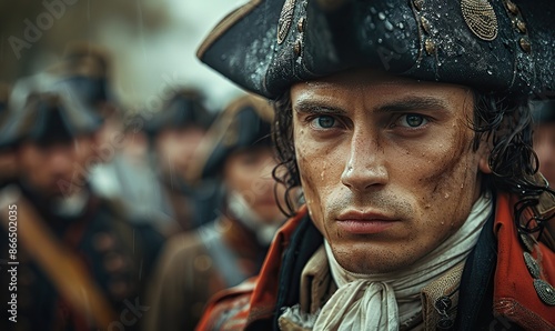 Napoleon's costume-clad figure amidst a film scene depicts a historical event and its players.