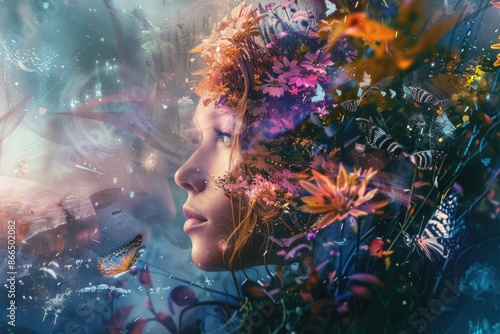 A woman's face is surrounded by flowers and butterflies