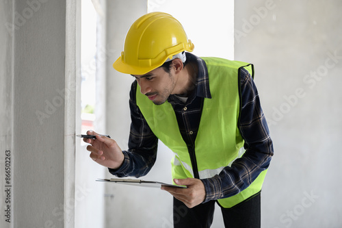 Bilde på lerret Male civil engineer with inspection check sheet consult with construction site foreman technician for inspect building condition defect pointing wall crack wait for repair