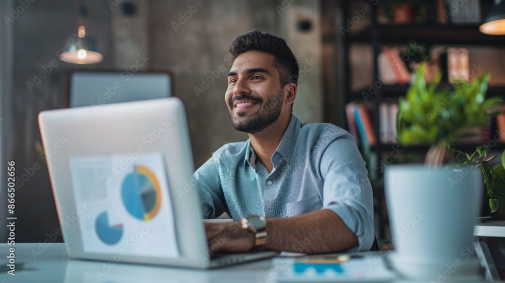A smiling Latin businessman looks up from his laptop in a modern office, showcasing confidence and success in his work A smiling Latin businessman looks up from his laptop in a modern office, showcasing confidence and success in his work