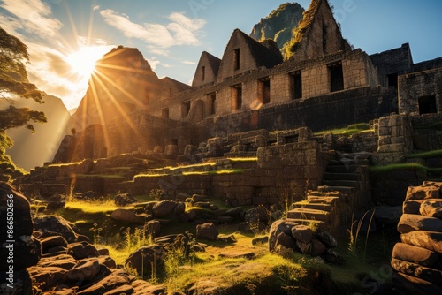 Machu Picchu, Peru, the temple of the sun, a religious structure with finely worked stones., generative IA photo