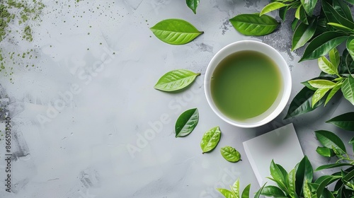 Green tea in white bowl with leaves on grey background. Top view with copy space for tea,  health, wellbeing, and natural products. photo