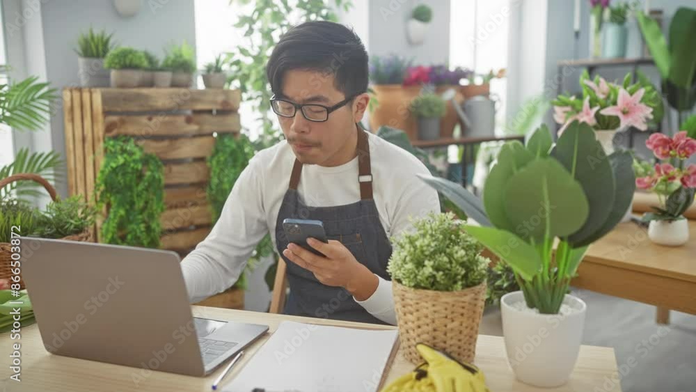 A young asian man checking his phone while working on a laptop in an indoor flower shop, surrounded by plants. A young asian man checking his phone while working on a laptop in an indoor flower shop, surrounded by plants.