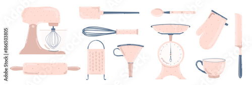Set of pink kitchen utensils. Kitchen utensils, tools, baking equipment. Collection of kitchen appliances and accessories. Stand table mixer, blender, scales, potholder, knife for cake, funnel, rollin