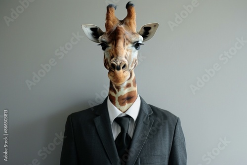 Quirky and humorous business giraffe wearing a stylish suit. Necktie. And formalwear. Standing out in the office with its imaginative and surreal anthropomorphic concept © ylivdesign