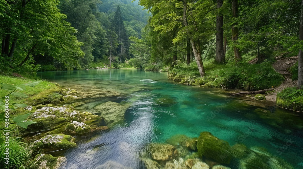 A lush green forest with a crystal-clear river flowing through it, surrounded by tall trees. A lush green forest with a crystal-clear river flowing through it, surrounded by tall trees.