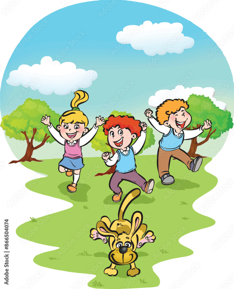 Children and cute dog running in the countryside. Happy children. Children and cute dog running in the countryside. Happy children.