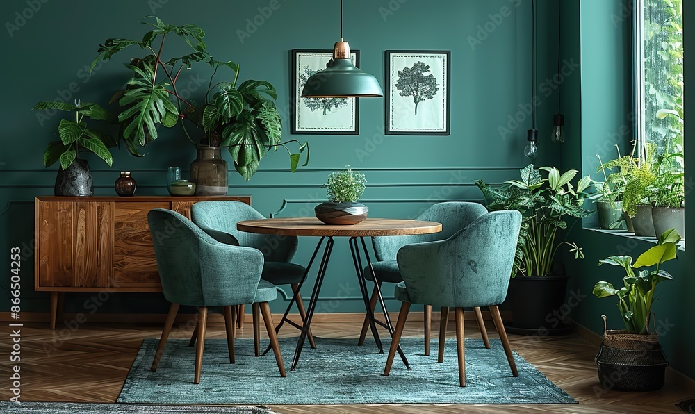 Obraz premium Scandinavian mid-century living room with mint chairs, round wooden dining table, and cabinet near green wall.