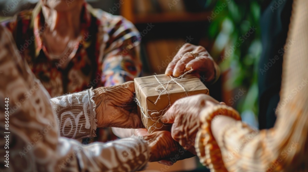 Obraz premium Hands of an elderly woman giving a gift box to another elderly woman, perfect for Mother's Day, birthdays, and Christmas 
