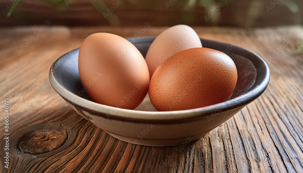 Three eggs in a ceramic bowl, rustic wooden table, recipe home cooking, nutrition, ingredients Three eggs in a ceramic bowl, rustic wooden table, recipe home cooking, nutrition, ingredients
