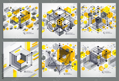 Technical blueprints set, vector yellow digital background with geometric design elements, cubes. Engineering technological wallpaper made with honeycombs.