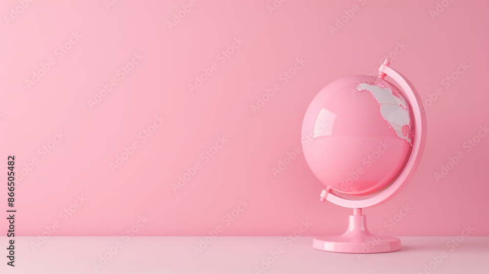 A minimalist pink globe on a simple stand, placed on a white surface with copy space. The soft pink hue and clean design make this image perfect for projects that require a modern and sophisticated A minimalist pink globe on a simple stand, placed on a white surface with copy space. The soft pink hue and clean design make this image perfect for projects that require a modern and sophisticated
