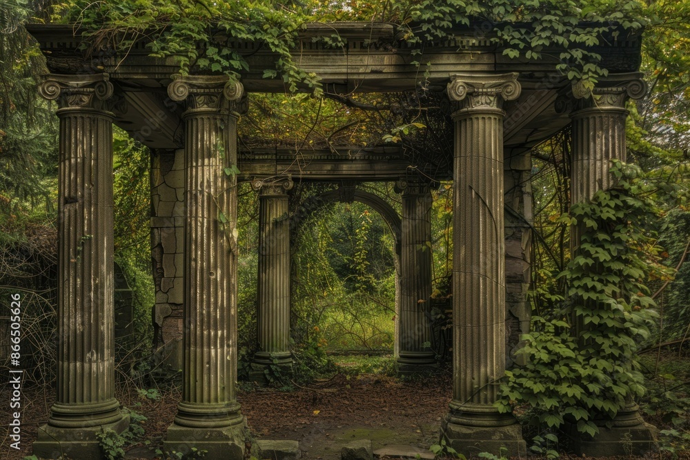Discover the mystical and enchanted forest archway with overgrown ruins and neoclassical architecture, covered in lush greenery and serene nature Discover the mystical and enchanted forest archway with overgrown ruins and neoclassical architecture, covered in lush greenery and serene nature