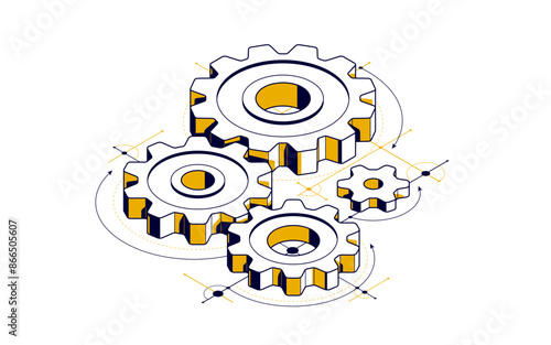 Mechanical engineering concept, gears and cogs with project drawing draft isometric 3D vector illustration, cogwheels system technology and technics machinery engine.