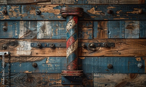 Vintage barber pole on a wooden backdrop with ample space for text.