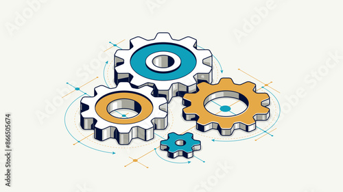 Invention renovation and development concept, gears and cogs with cad engineering drawing isometric 3D vector illustration, technology theme, machinery and engine creation.