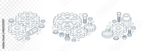 Repair and maintenance concept set, technics service, gears and tools in 3D isometric projection vector illustration, technical mechanical workshop.