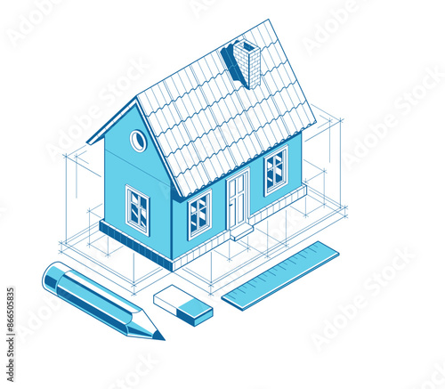 House project implementation embodiment concept, 3D isometric vector illustration of a small house building project, construction architectural model, idea in progress.