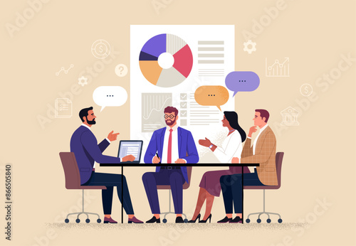 Business Discussion. Vector cartoon illustration in a flat style of a group of diverse people leading a discussion at a table near a whiteboard with charts and graphs. Isolated on background 