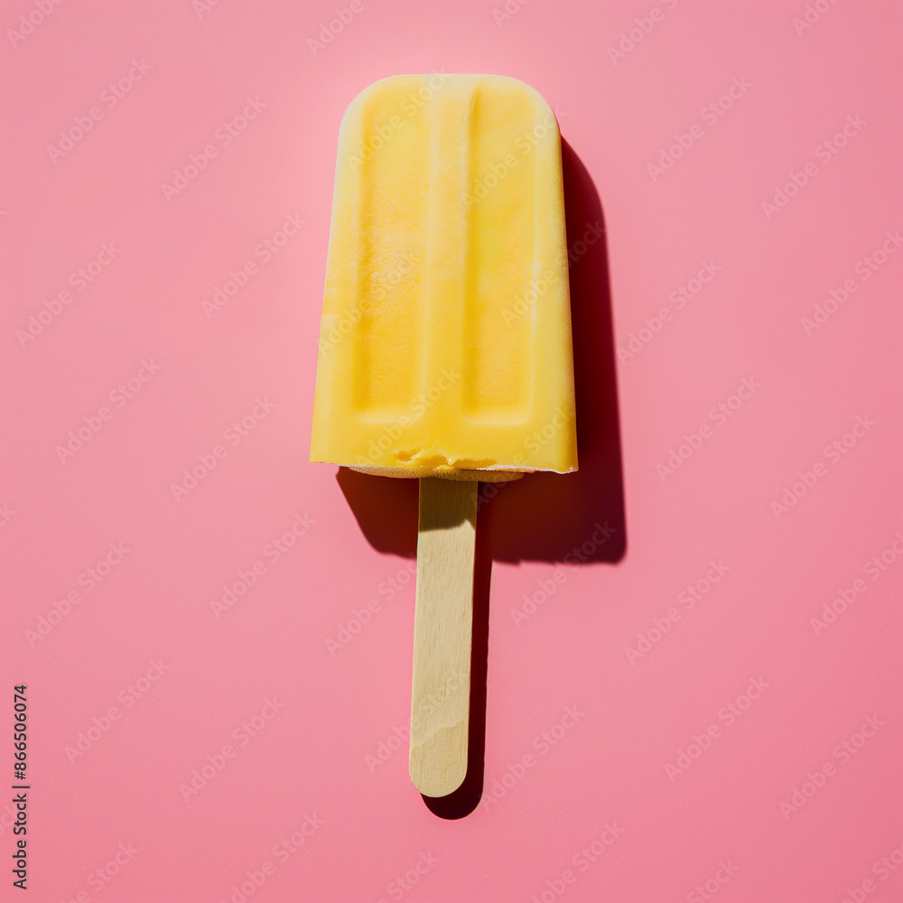 Yellow popsicle on a pink background. Bright and refreshing frozen treat. Minimal summer food concept. Yellow popsicle on a pink background. Bright and refreshing frozen treat. Minimal summer food concept.