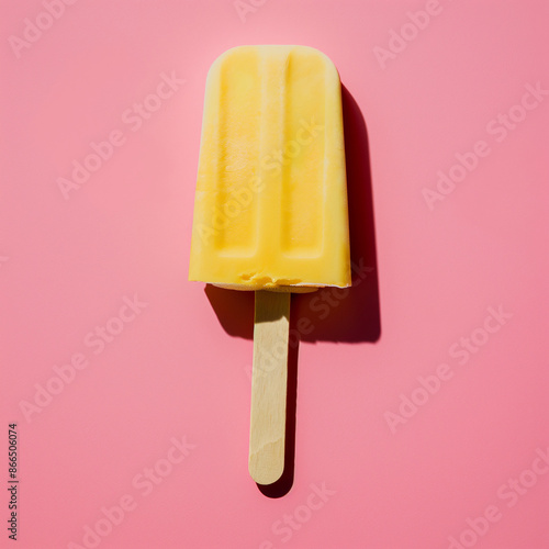 Yellow popsicle on a pink background. Bright and refreshing frozen treat. Minimal summer food concept.