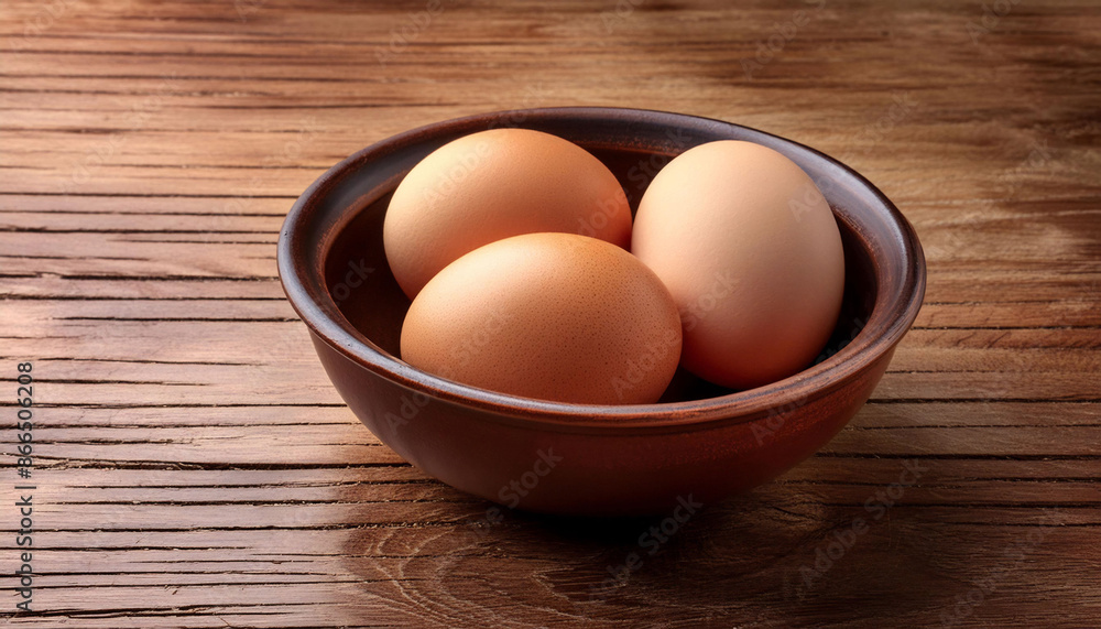 Three eggs in a ceramic bowl, rustic kitchen table, recipe home cooking ingredient Three eggs in a ceramic bowl, rustic kitchen table, recipe home cooking ingredient