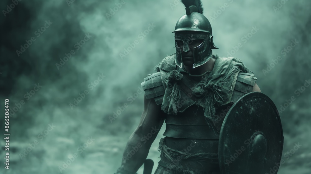 Ancient Roman Soldier in Full Armor with Shield and Helmet in a Smoke-Filled Battlefield Ancient Roman Soldier in Full Armor with Shield and Helmet in a Smoke-Filled Battlefield