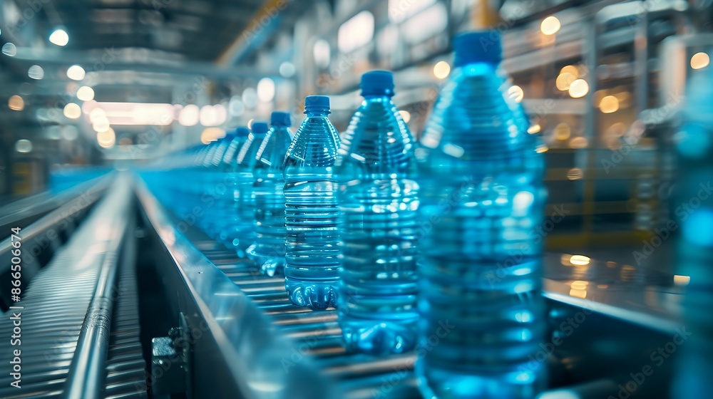 Blue water bottles on a conveyor belt in a modern drinking bottle factory for packaging and printing advertising banners, with a wide angle lens. The scene depicts the bottles on the conveyor belt in Blue water bottles on a conveyor belt in a modern drinking bottle factory for packaging and printing advertising banners, with a wide angle lens. The scene depicts the bottles on the conveyor belt in