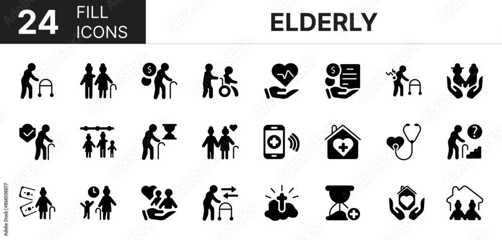 Collection of 24 elderly fill icons featuring editable strokes. These outline icons depict various modes of elderly, senior, person, invalid, retirement, caregiver, health, nursing, Collection of 24 elderly fill icons featuring editable strokes. These outline icons depict various modes of elderly, senior, person, invalid, retirement, caregiver, health, nursing,