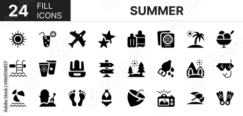 Collection of 24 summer fill cons featuring editable strokes. These outline icons depict various modes of summer, travel, sea, set, mountain, vacation, tour, element, 