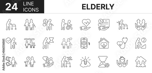 Collection of 24 elderly line icons featuring editable strokes. These outline icons depict various modes of elderly, senior, person, invalid, retirement, caregiver, health, nursing,